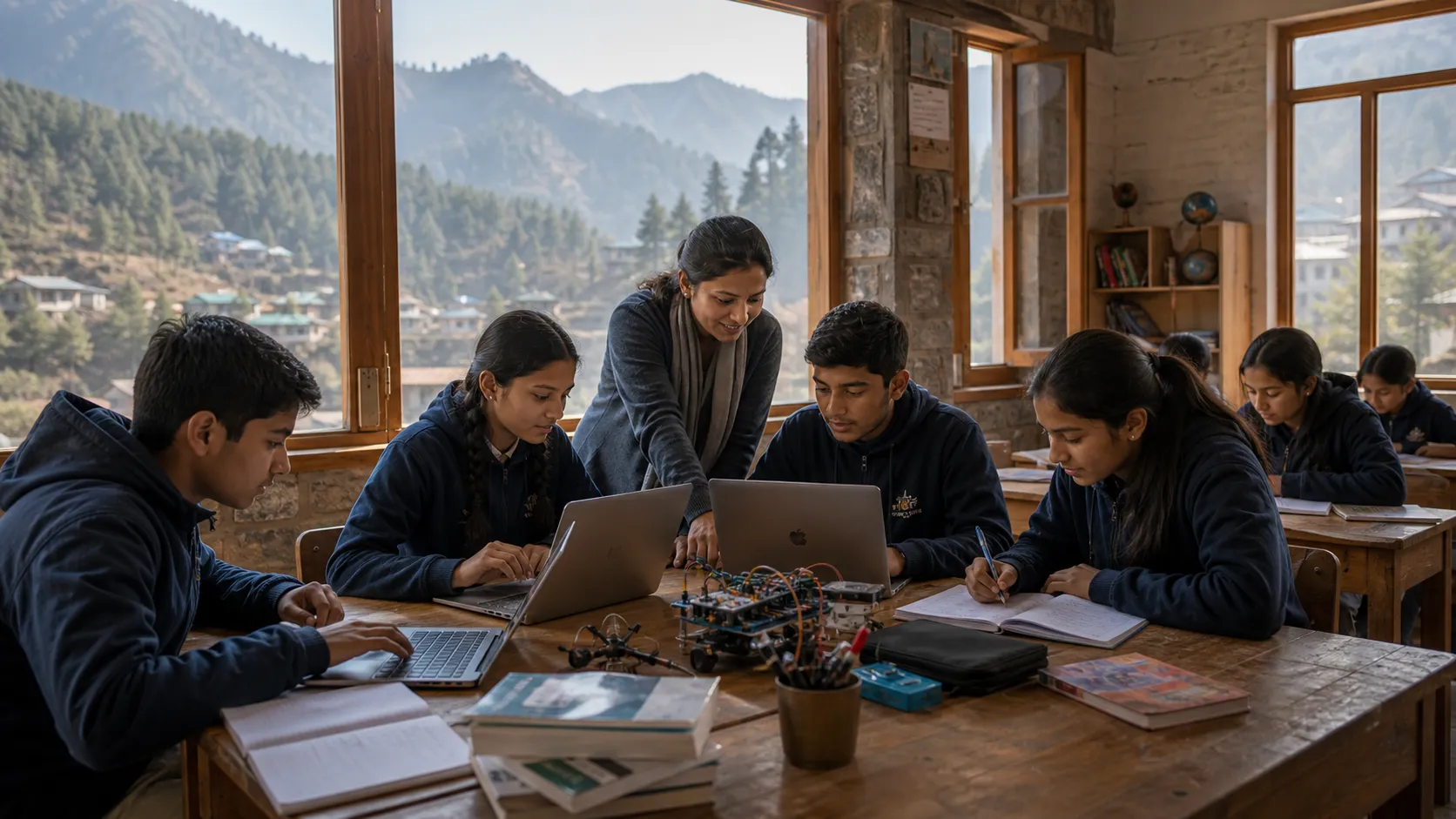 Students working in a quiet mountain learning laboratory.