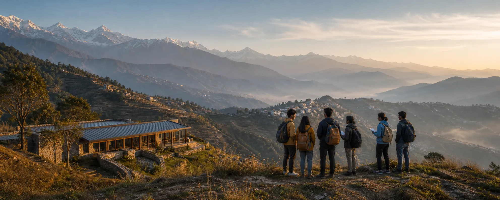 Students looking over terraced fields and a quiet research building in the Uttarakhand Himalayas